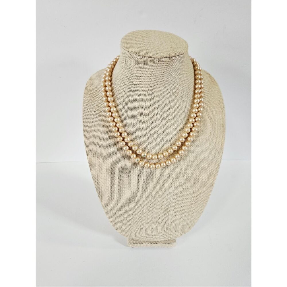 Vintage Dual-Strand Champagne Faux Pearl Decorative Ornate Clasp Necklace Choker